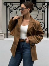 Aurohaya Oversized Suede Blazer Women’s Casual Loose Faux Leather Jacket